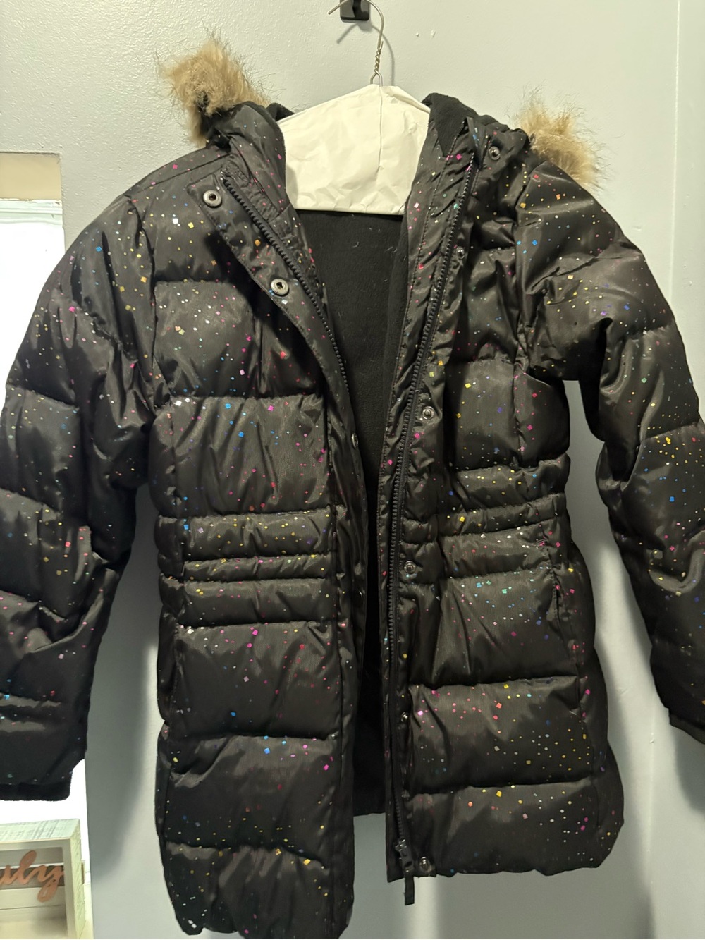 Eddie Bauer Black Puffer Coat with Multicolor Speckle Print